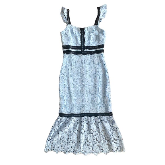 Lulu's Lace Crochet Eyelet Ruffle Hem Mermaid Blue Cocktail Midi Dress Gown - Picture 5 of 10